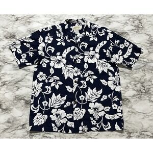 Royal Hawaiian Creations Shirt Men's M Navy Blue White Floral Short‎ Sleeve VTG